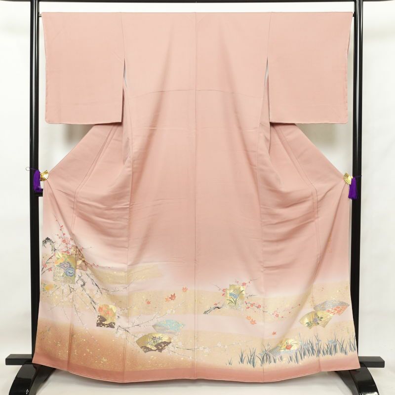 色留袖 美品 箔扇琳派図 丹後ちりめん 身丈163.5cm 裄丈68cm しつけ糸 