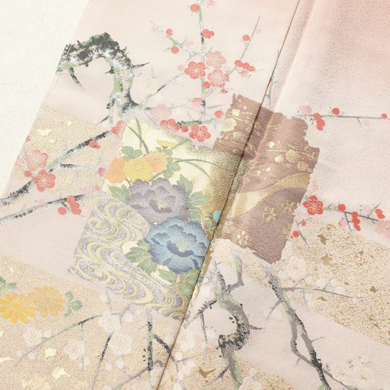 色留袖 美品 箔扇琳派図 丹後ちりめん しつけ糸付き 箔 金糸 刺繍 正絹 古典柄 袷仕立て ピンク_画像6