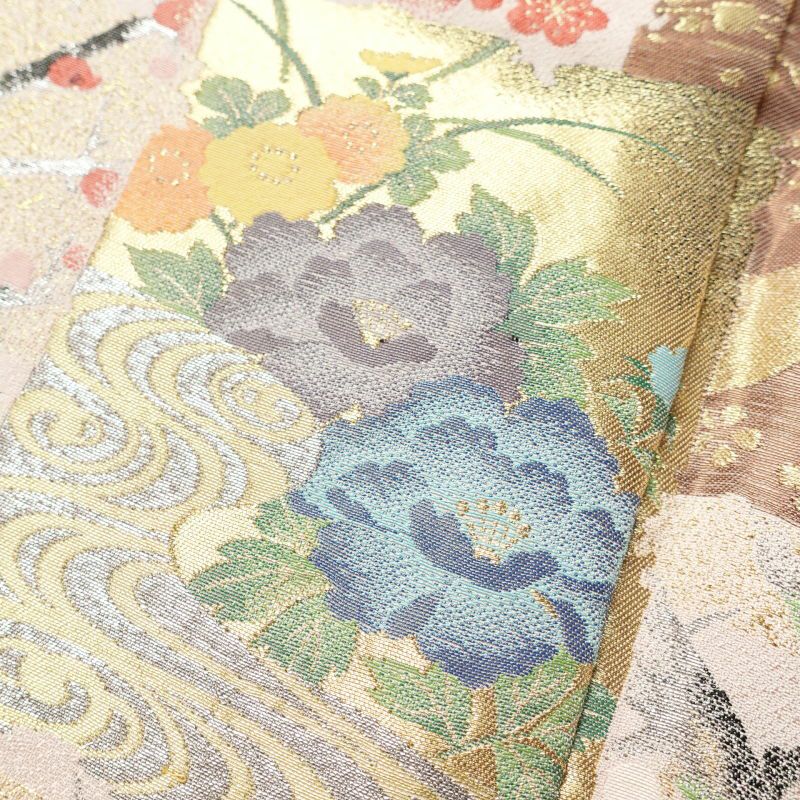 色留袖 美品 箔扇琳派図 丹後ちりめん しつけ糸付き 箔 金糸 刺繍 正絹 古典柄 袷仕立て ピンク_画像7