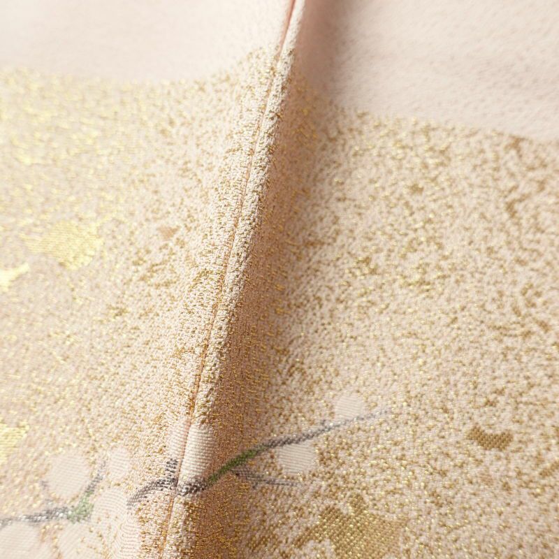 色留袖 美品 箔扇琳派図 丹後ちりめん しつけ糸付き 箔 金糸 刺繍 正絹 古典柄 袷仕立て ピンク_画像13