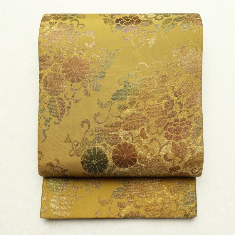 袋帯 六通柄 箔 フォーマル用 正絹 花柄 黄・黄土色_画像1