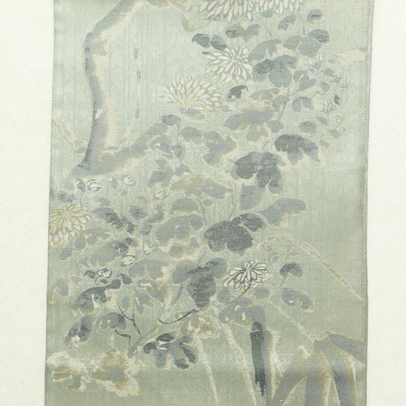 袋帯 落款入り 太鼓柄 良品 正絹 木の葉・植物柄 緑・うぐいす色_画像11