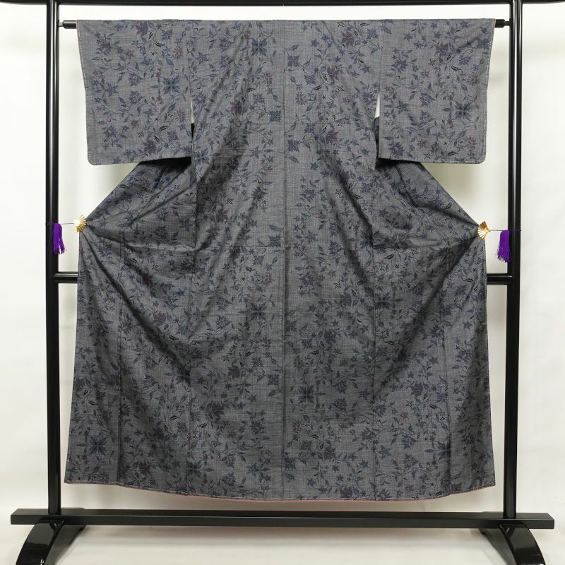 紬 しつけ糸付き 正絹 花柄 袷仕立て 紬の着物 青・紺_画像1