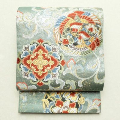 袋帯 六通柄 美品 フォーマル用 正絹 幾何学柄・抽象柄 緑・うぐいす色