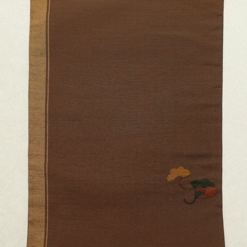 袋帯 紬 太鼓柄 一般用 正絹 木の葉・植物柄 茶_画像10