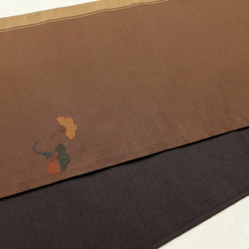 袋帯 紬 太鼓柄 一般用 正絹 木の葉・植物柄 茶_画像18