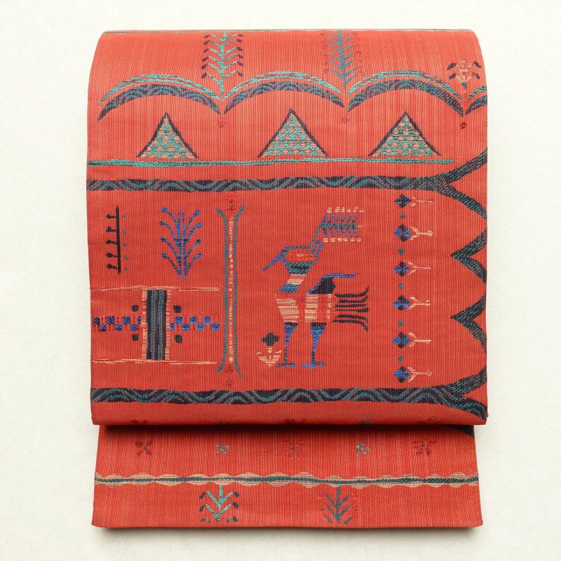 袋帯 六通柄 美品 一般用 正絹 幾何学柄・抽象柄 赤・朱_画像1