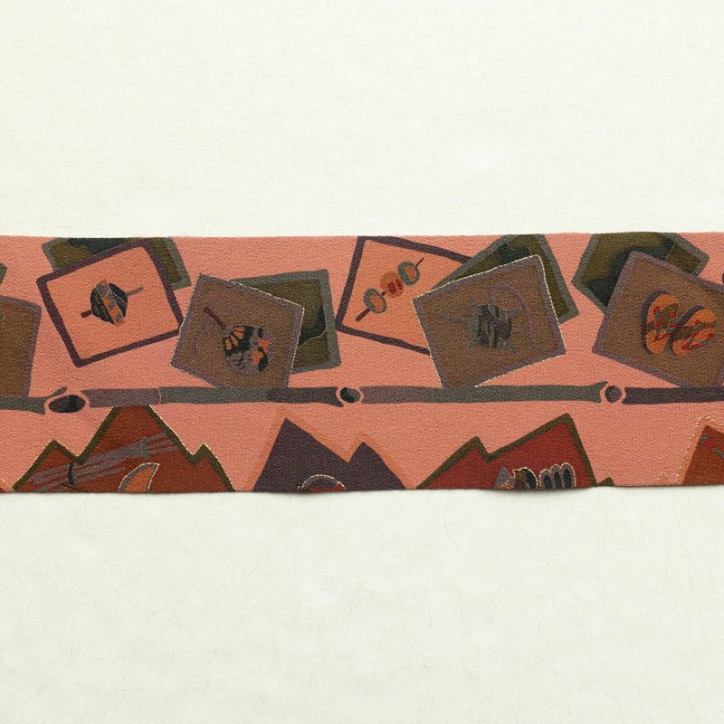 名古屋帯 全通柄 美品 縮緬 正絹 古典柄 名古屋仕立て ピンク_画像17