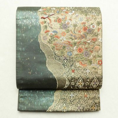 袋帯 六通柄 フォーマル用 正絹 箔 古典柄 緑・うぐいす色