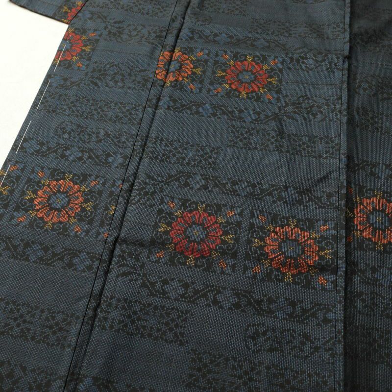 紬 良品 しつけ糸付き 正絹 幾何学柄・抽象柄 袷仕立て 青・紺_画像5