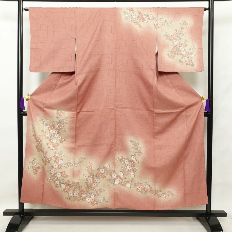 訪問着 ふくれ織 金彩 一つ紋付き 正絹 花柄 袷仕立て ピンク_画像1