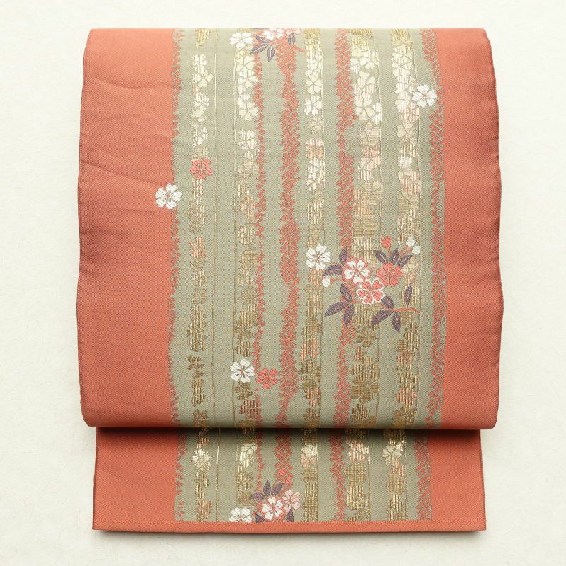 袋帯 六通柄 フォーマル用 正絹 花柄 小豆・エンジ_画像1