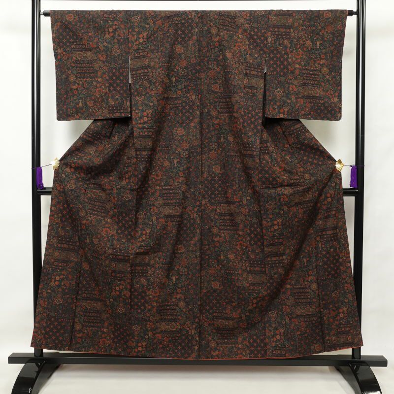 小紋 美品 紬地 正絹 幾何学柄・抽象柄 袷仕立て 紫・藤色_画像1