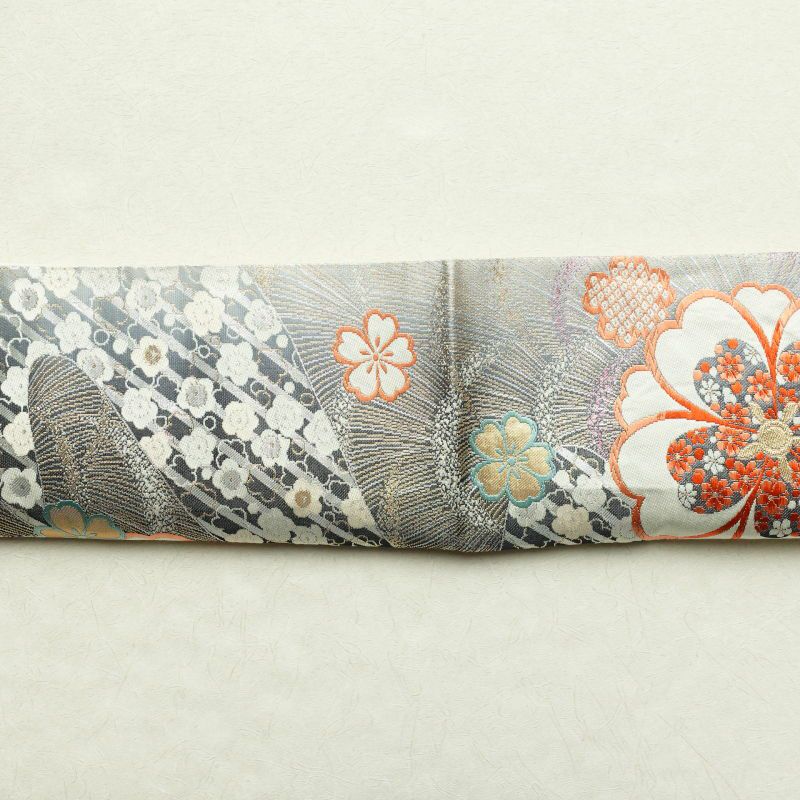 袋帯 六通柄 振袖用 正絹 花柄 桜 金糸 銀糸 グレー_画像20