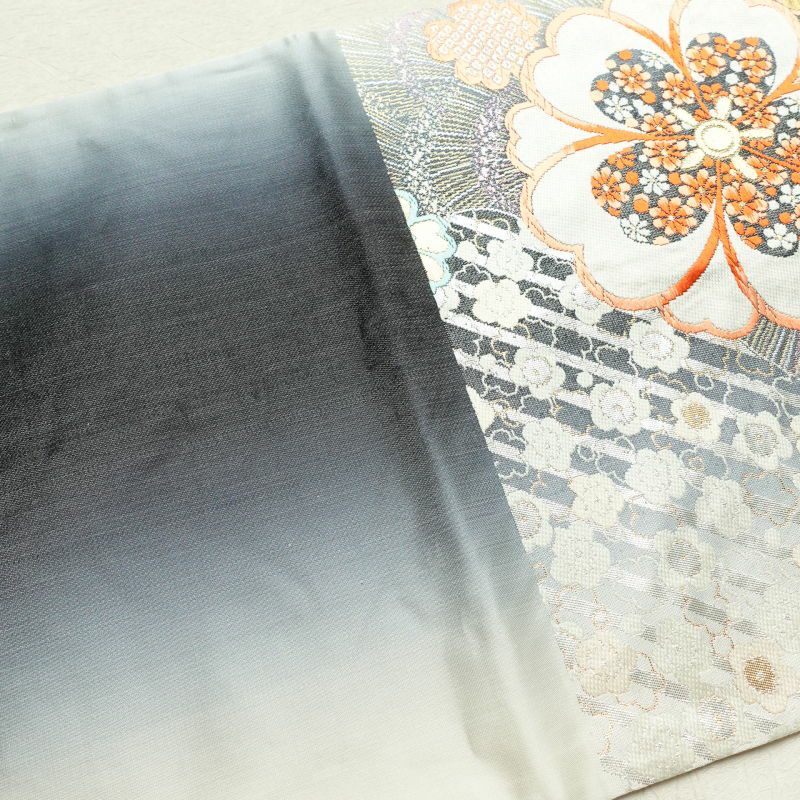 袋帯 六通柄 振袖用 正絹 花柄 桜 金糸 銀糸 グレー_画像22