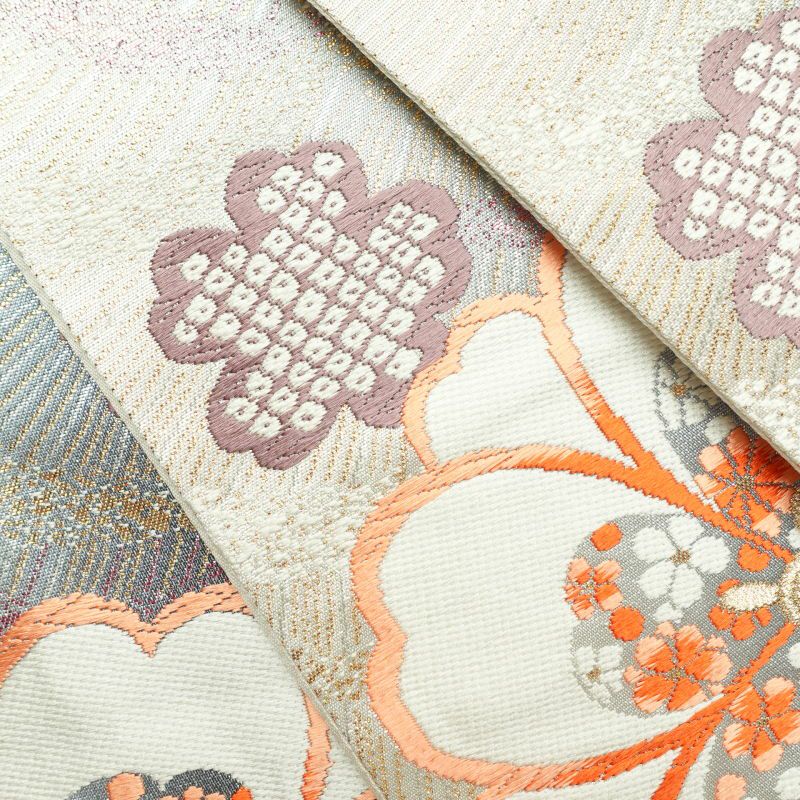 袋帯 六通柄 振袖用 正絹 花柄 桜 金糸 銀糸 グレー_画像30