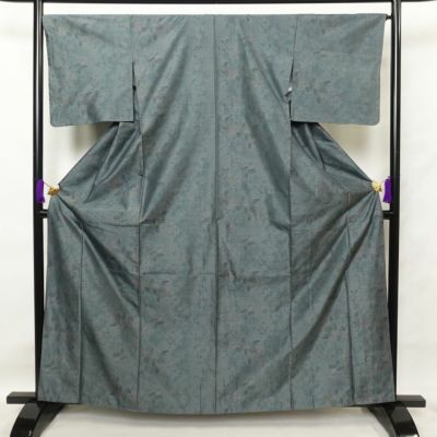 紬 良品 正絹 木の葉・植物柄 袷仕立て 身丈162.5cm 裄丈67cm 緑・うぐいす色