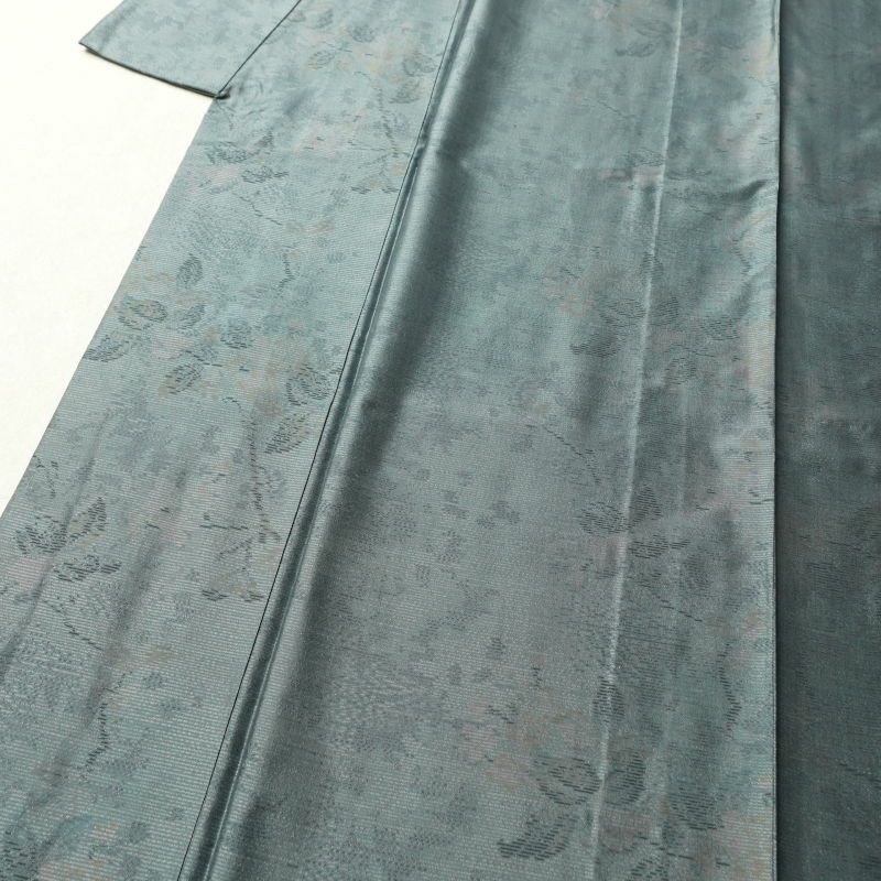 紬 良品 正絹 木の葉・植物柄 袷仕立て 緑・うぐいす色_画像5