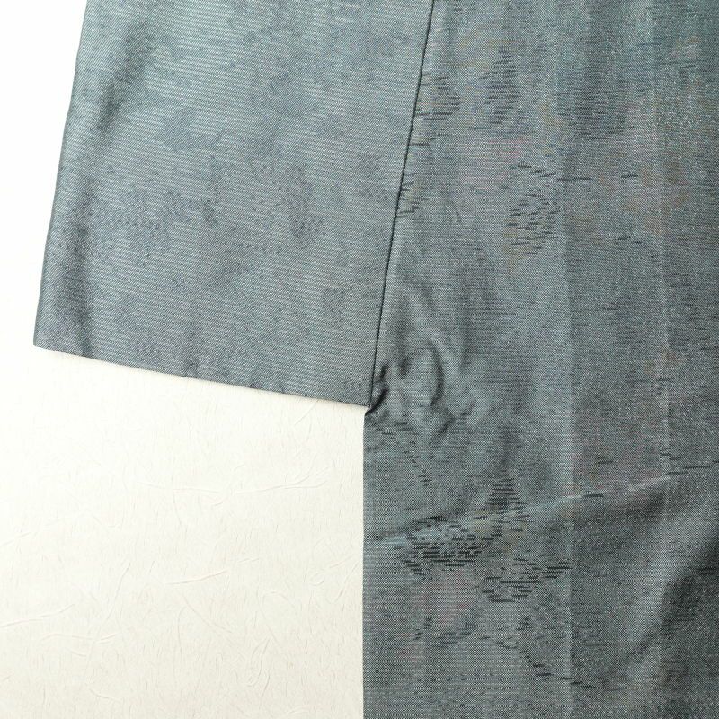 紬 良品 正絹 木の葉・植物柄 袷仕立て 緑・うぐいす色_画像13