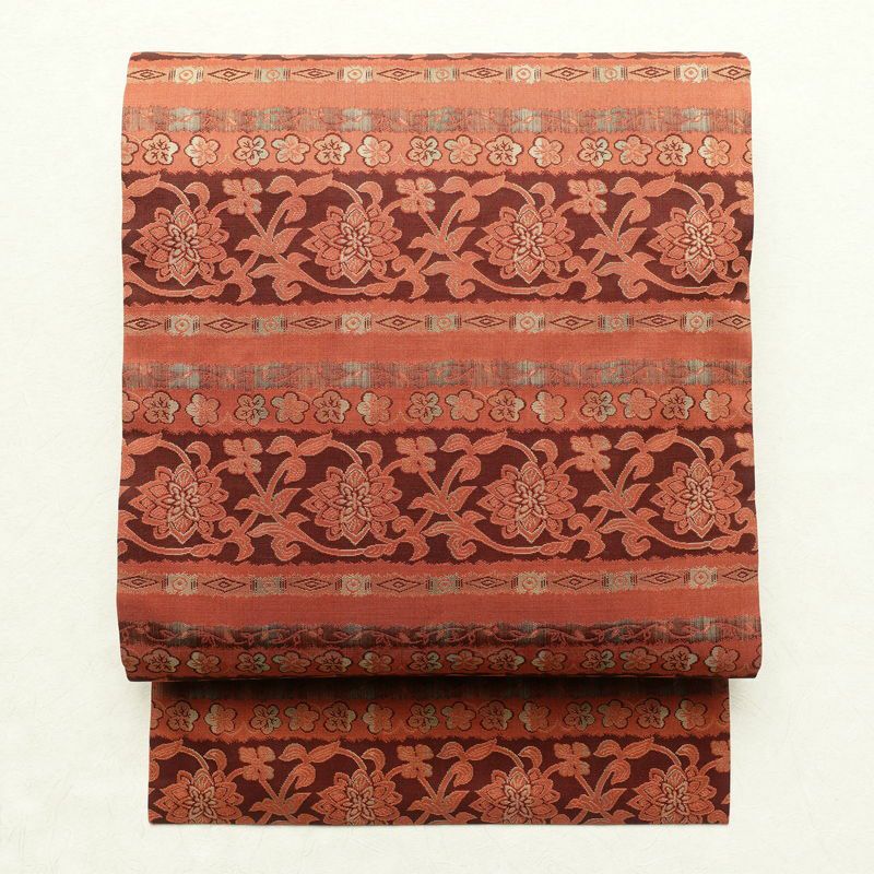 名古屋帯 全通柄 良品 正絹 花柄 名古屋仕立て 橙 | 全通柄 古着着物  