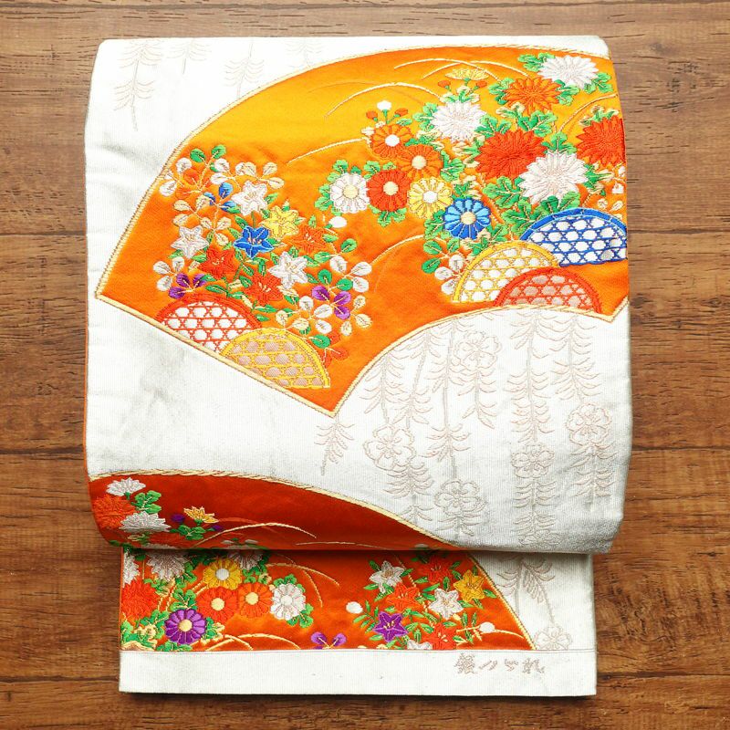 袋帯 六通柄 銀つづれ フォーマル用 正絹 扇 古典柄 橙_画像1