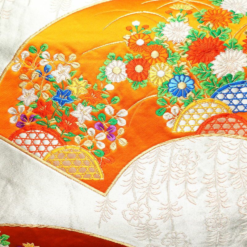 袋帯 六通柄 銀つづれ フォーマル用 正絹 扇 古典柄 橙_画像2