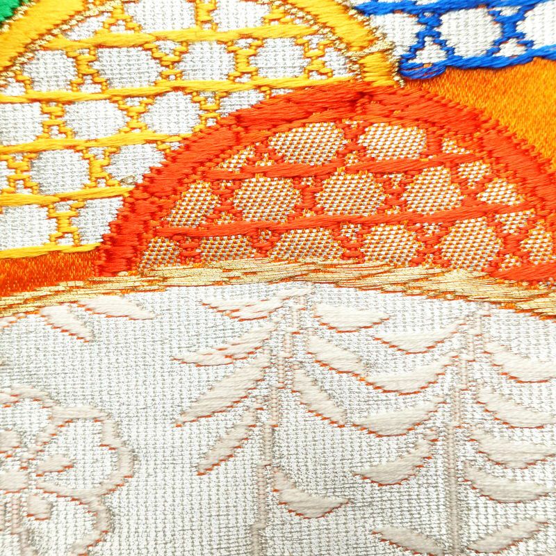 袋帯 六通柄 銀つづれ フォーマル用 正絹 扇 古典柄 橙_画像4