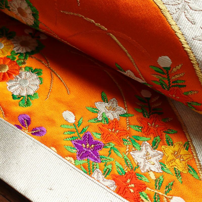 袋帯 六通柄 銀つづれ フォーマル用 正絹 扇 古典柄 橙_画像9