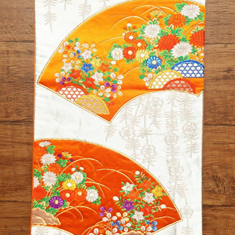 袋帯 六通柄 銀つづれ フォーマル用 正絹 扇 古典柄 橙_画像11