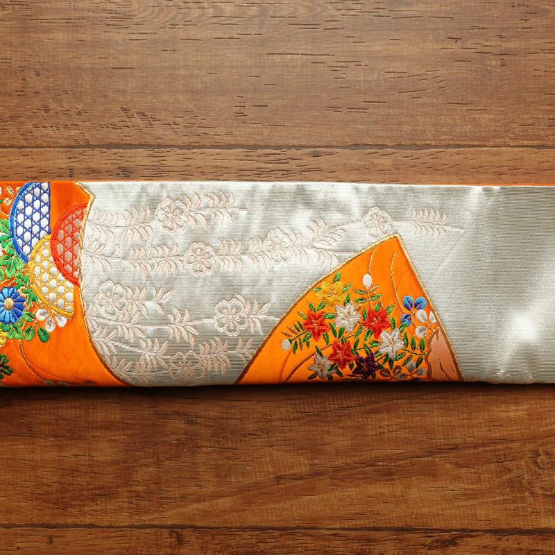 袋帯 六通柄 銀つづれ フォーマル用 正絹 扇 古典柄 橙_画像21