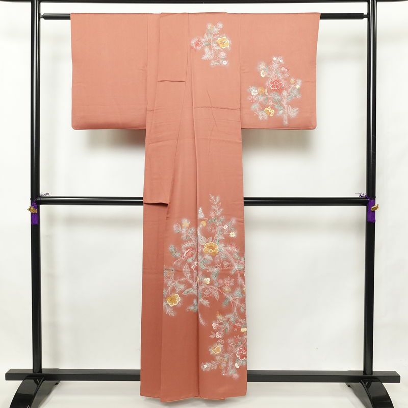 付け下げ 正絹 刺繍 付下 花柄 袷仕立て 小豆・エンジ_画像2