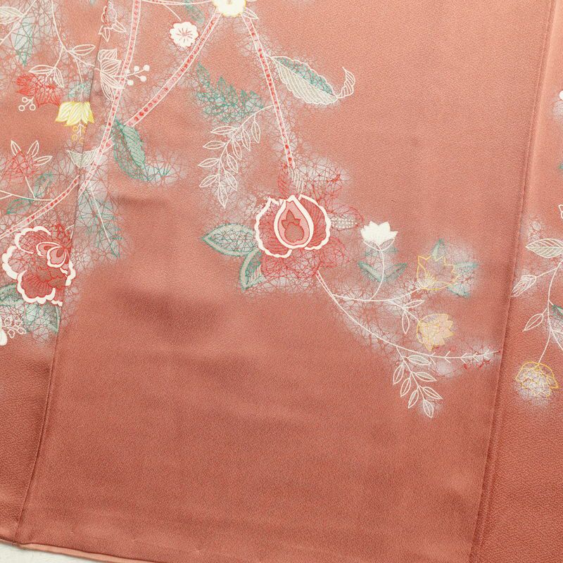 付け下げ 正絹 刺繍 付下 花柄 袷仕立て 小豆・エンジ_画像15
