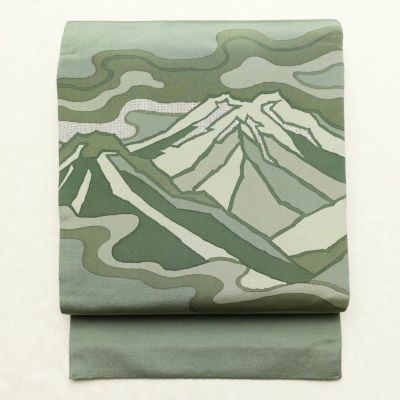 名古屋帯 紬地 六通柄 正絹 風景柄 松葉仕立て 帯 緑・うぐいす色 | 六