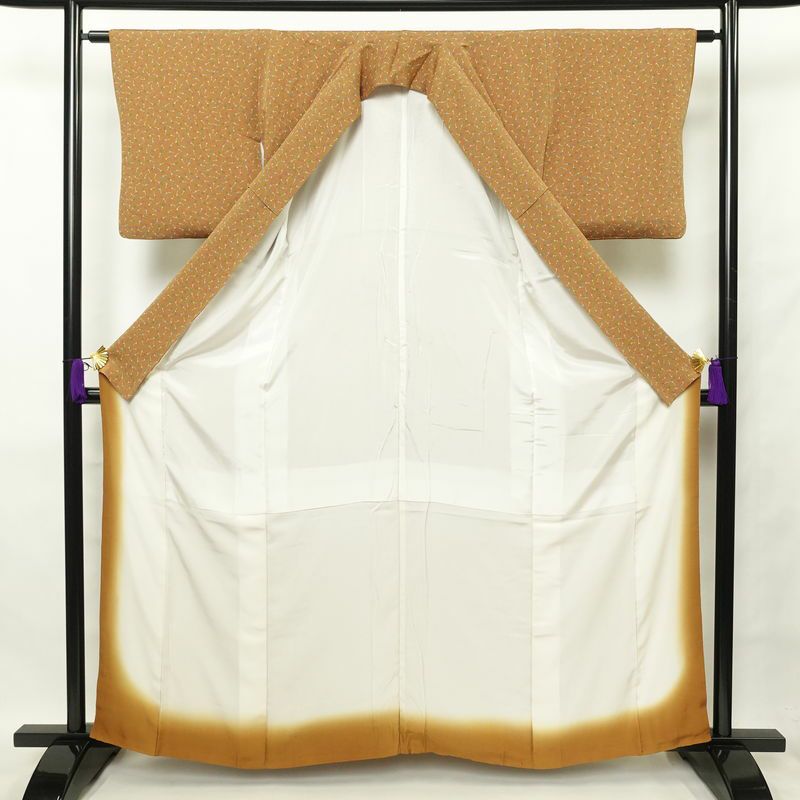 小紋 縮緬 正絹 木の葉・植物柄 袷仕立て 黄・黄土色_画像3