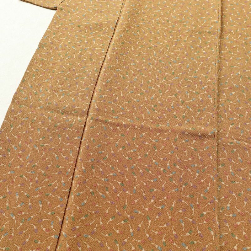 小紋 縮緬 正絹 木の葉・植物柄 袷仕立て 黄・黄土色_画像5