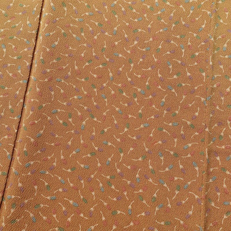 小紋 縮緬 正絹 木の葉・植物柄 袷仕立て 黄・黄土色_画像6