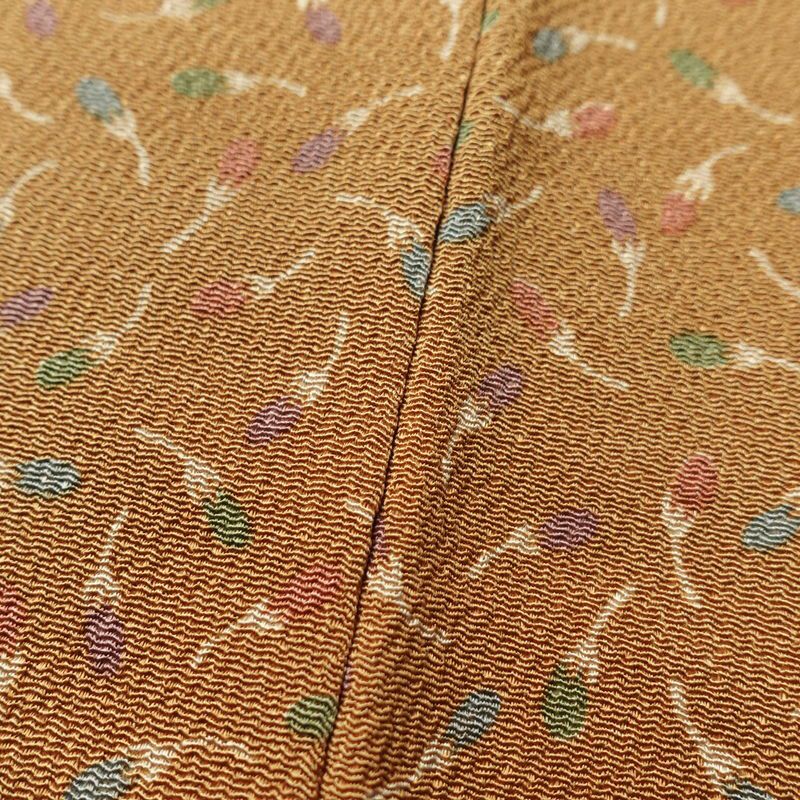 小紋 縮緬 正絹 木の葉・植物柄 袷仕立て 黄・黄土色_画像9