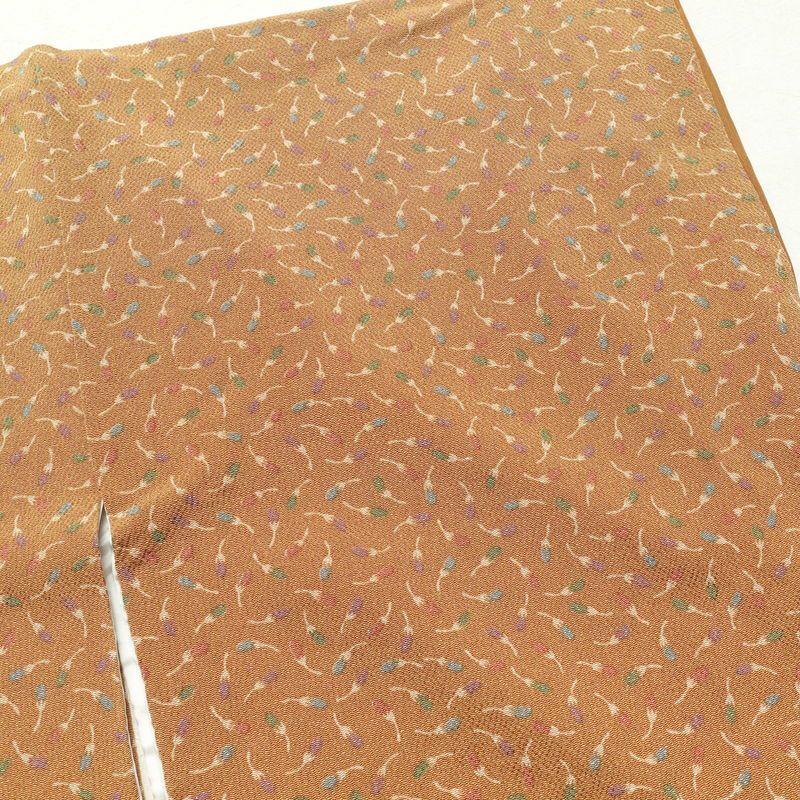 小紋 縮緬 正絹 木の葉・植物柄 袷仕立て 黄・黄土色_画像13