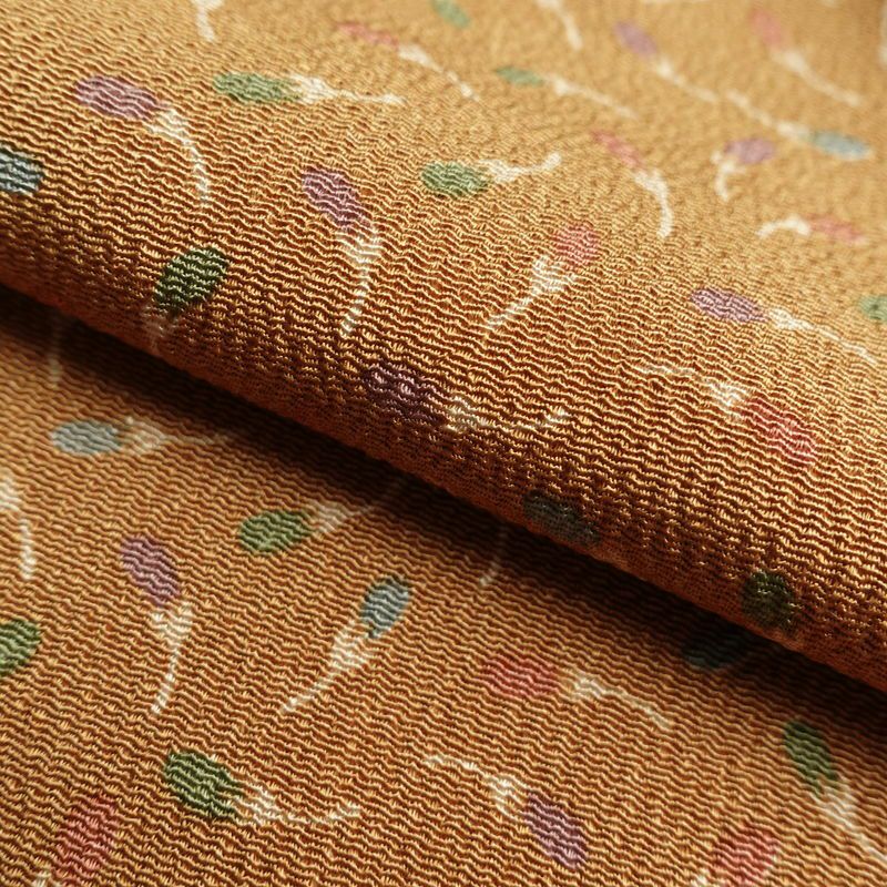 小紋 縮緬 正絹 木の葉・植物柄 袷仕立て 黄・黄土色_画像28