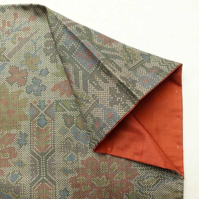 紬 美品 しつけ糸付き 正絹 幾何学柄・抽象柄 袷仕立て 緑・うぐいす色_画像16