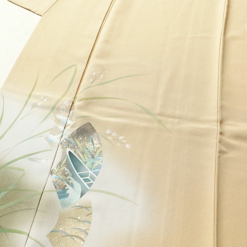 訪問着 良品 落款入り 螺鈿物語 縮緬 正絹 古典柄 箔 袷仕立て 黄・黄土色_画像5