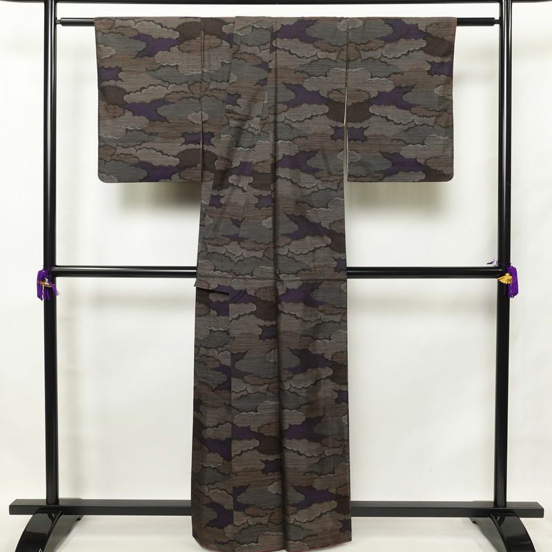 紬 正絹 雲柄 紬着物 つむぎ 袷仕立て 紫・藤色_画像2