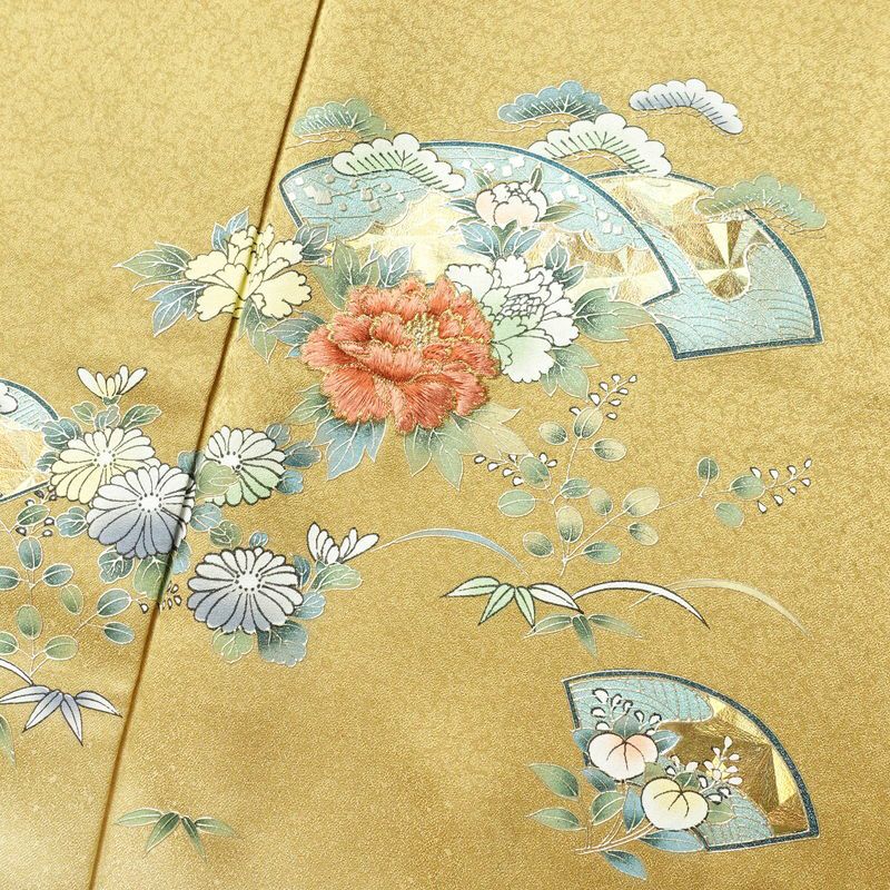付け下げ 美品 正絹 箔 金彩 刺繍 古典柄 袷仕立て 黄・黄土色_画像8