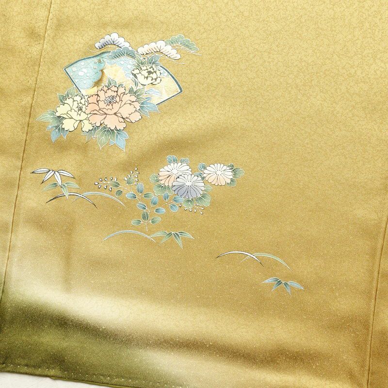 付け下げ 美品 正絹 箔 金彩 刺繍 古典柄 袷仕立て 黄・黄土色_画像19
