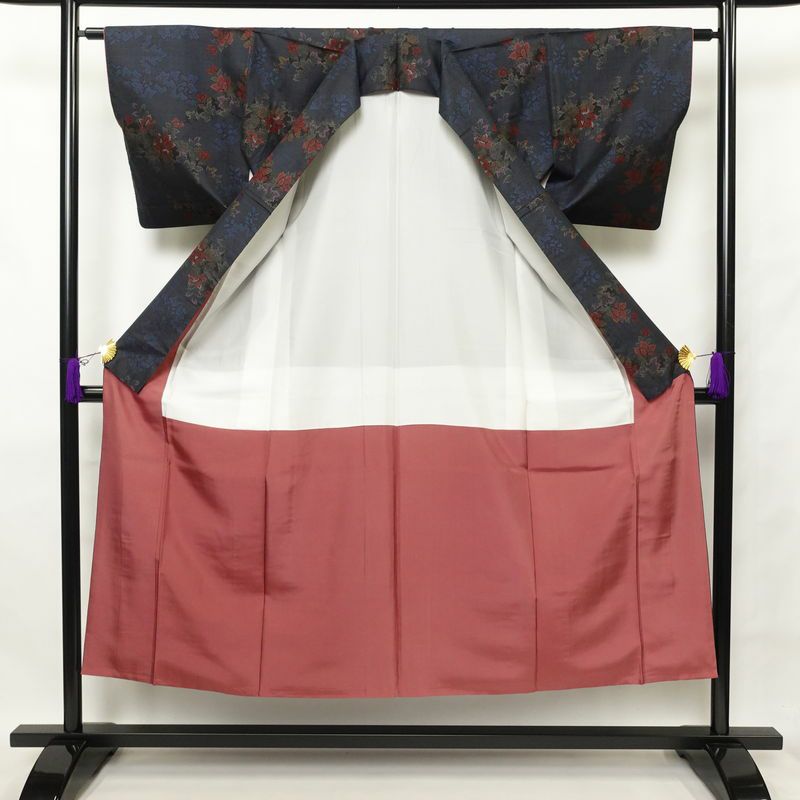 紬 良品 正絹 紬着物 花柄 つむぎ 袷仕立て 青・紺_画像3