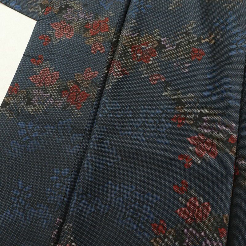 紬 良品 正絹 紬着物 花柄 つむぎ 袷仕立て 青・紺_画像5