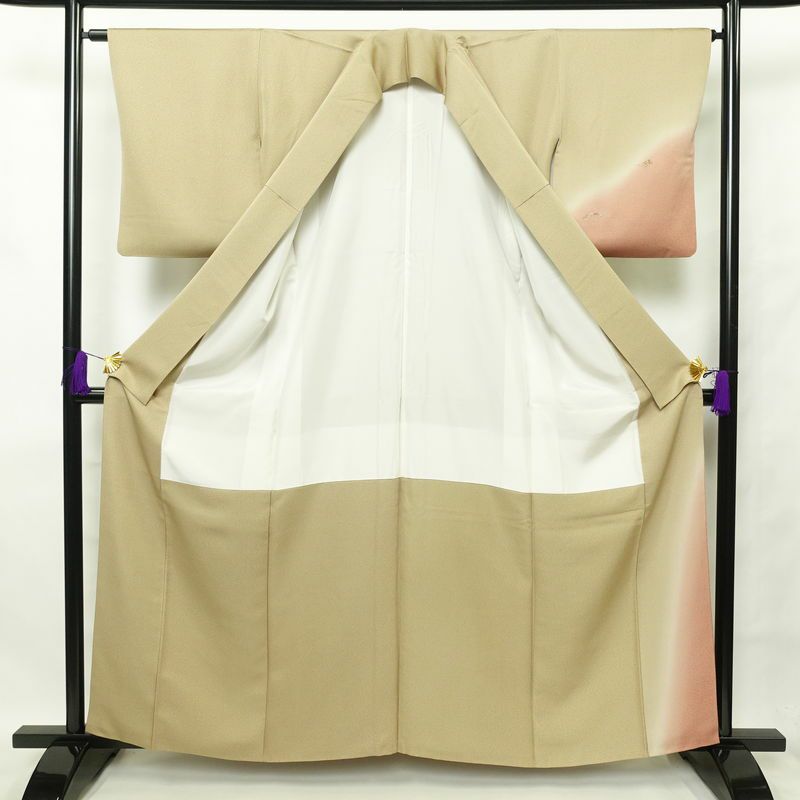 付け下げ 良品 天目染 共八掛 正絹 刺繍 金彩 花柄 袷仕立て 緑・うぐいす色_画像3