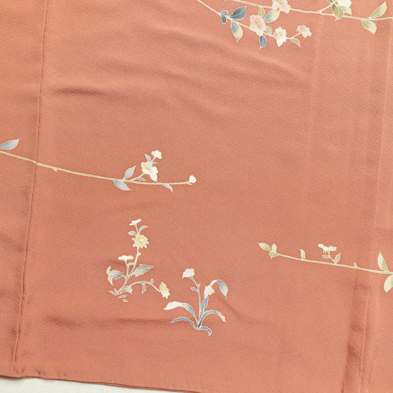 訪問着 落款入り 一つ紋付き 共八掛 縮緬 正絹 花柄 袷仕立て 赤・朱_画像13