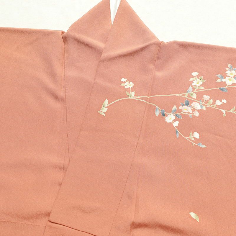 訪問着 落款入り 一つ紋付き 共八掛 縮緬 正絹 花柄 袷仕立て 赤・朱_画像22