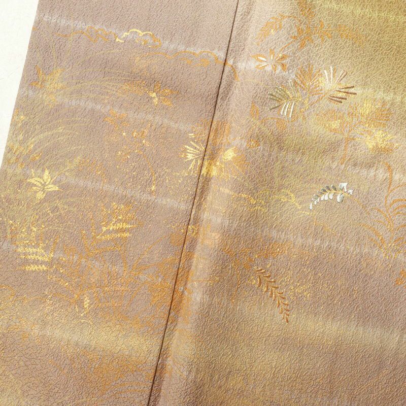 付け下げ 良品 絞り 箔 刺繍 正絹 木の葉・植物柄 袷仕立て 黄・黄土色_画像7